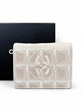 Authentic CHANEL Travel Line Beige Jacquard CC Trifold Wallet